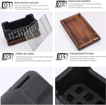 Japanese Yakiniku Grill, Portable Barbecue Stove Heat-Resistant Japanese Food Charcoal Stove, Independent Carbon Trough, for Household, Yakiniku, Robata, Yakitori, Takoyaki and BBQ