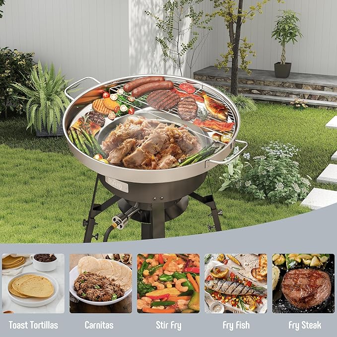 Feasto 23" Stainless Steel Concave Comal Set, Discada Disc Cooker with 54,000 BTU Paella Burner and Adjustable Stand Set, Cazo Para Carnitas Tortillas Stir Fry Wok for Outdoor Cooking, CSA Certified