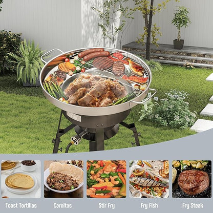 Feasto 23" Stainless Steel Concave Comal Set, Discada Disc Cooker with 54,000 BTU Paella Burner and Adjustable Stand Set, Cazo Para Carnitas Tortillas Stir Fry Wok for Outdoor Cooking, CSA Certified
