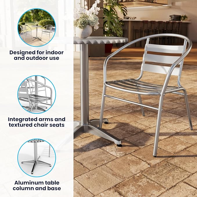 Flash Furniture Lila 31.5'' Round Aluminum Indoor-Outdoor Table Set with 2 Slat Back Chairs | Indoor/Outdoor Use, Slat Back Chairs