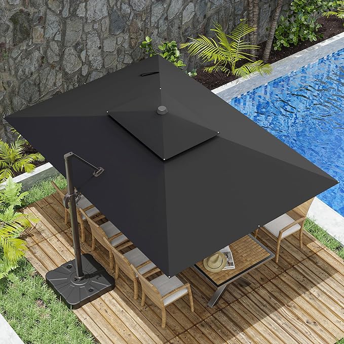 10x13FT Cantilever Outdoor Patio Umbrellas，Double Top Large Rectangle Umbrella Heavy Duty 360°Rotation Offset Outdoor Sun Shade Umbrella for Garden Deck Pool Backyard Patio, Black