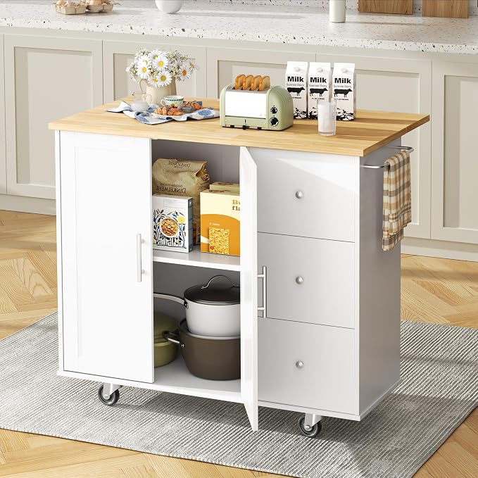 Shintenchi Kitchen Island with Folding Drop Leaf, Rolling Island Table with Storage, Kitchen Cabinet on Wheels with Seating Area for Kitchen, Bar Cart with Cabinet, White