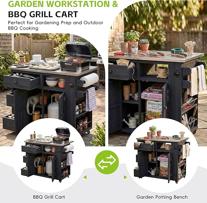 RUNNA 4-Piece Outdoor Rolling Kitchen Island with Sink w/Faucet, Solid Wood Grill Table with Storage Cabinets, Drawers, Stainless Table Top and Movable Shelves for Garden (Black#38)