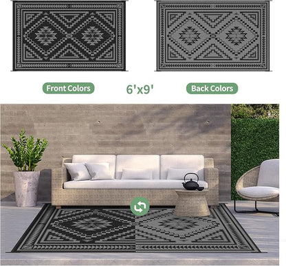 GENIMO Outdoor Rug, Waterproof Plastic Rugs for Patio, 6'x9' Charcoal Grey | Outside Larger Modern Carpet Mat for Porch Decor, Deck, Balcony, Camping, RV, Backyard, Picnic, Beach, Reversible, Foldable