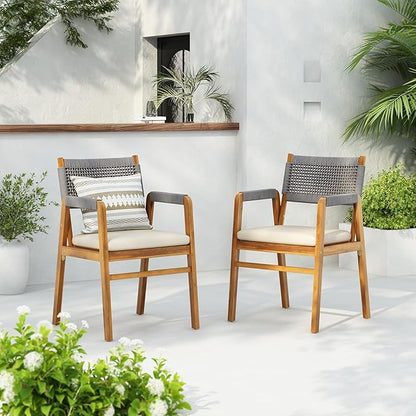 Christopher Knight Home Set of 2 Terry Farmhouse Country Patio Acacia Wood Dining Armchairs, Outdoor Side Chair with Rope Woven Backrest, Garden/Backyard Accent Chair with Cushions,Grey+Natural Brown