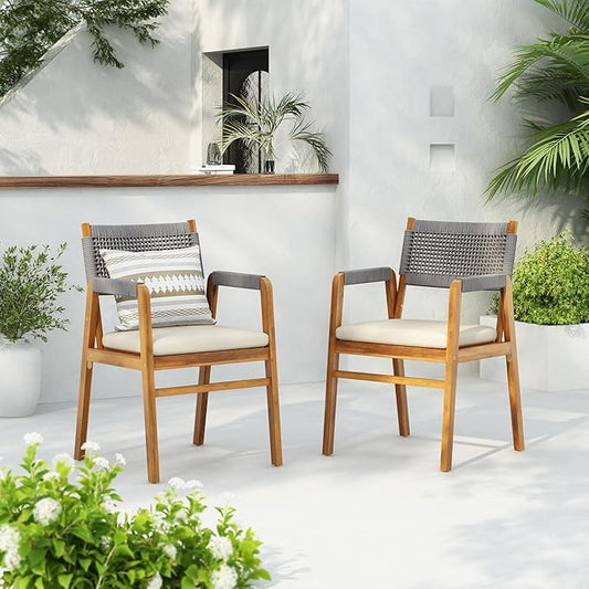 Christopher Knight Home Set of 2 Terry Farmhouse Country Patio Acacia Wood Dining Armchairs, Outdoor Side Chair with Rope Woven Backrest, Garden/Backyard Accent Chair with Cushions,Grey+Natural Brown