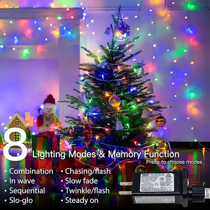 33FT 100 LED Multicolor Christmas Fairy Twinkle String Lights Indoor | 8 Modes with Memory, Connectable, IP65 Waterproof, Transparent Wire, Up to 5 Sets, Widely use for Classroom, Bedroom, dorm