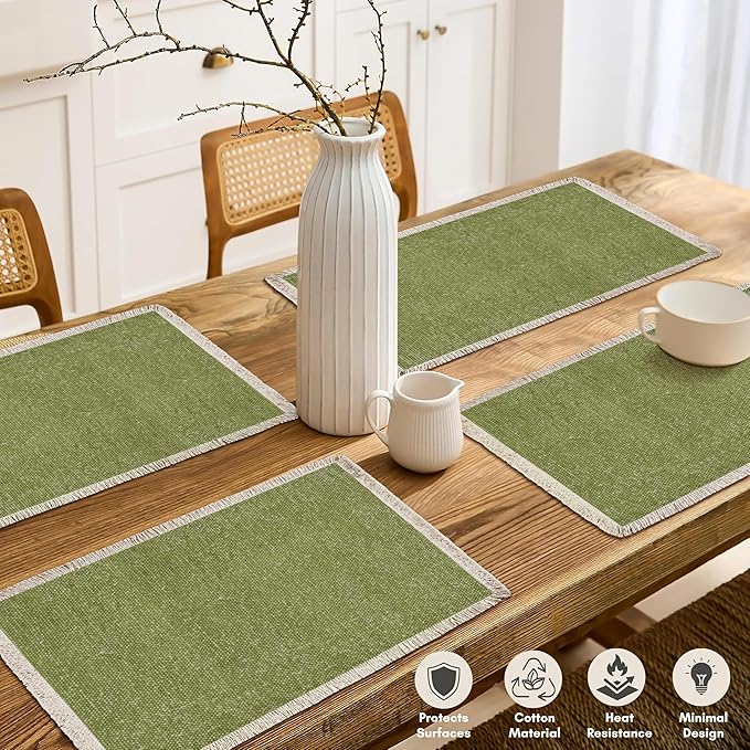 Hausattire Cotton Frayed Placemats Set of 4 Dining Table 13x19 Inch | Rustic Vintage Boho Washable Easter Placemat for Outdoor Parties BBQ's Wedding, Special Occasions, Nubby Cotton - Green
