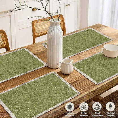 Hausattire Cotton Frayed Placemats Set of 4 Dining Table 13x19 Inch | Rustic Vintage Boho Washable Easter Placemat for Outdoor Parties BBQ's Wedding, Special Occasions, Nubby Cotton - Green
