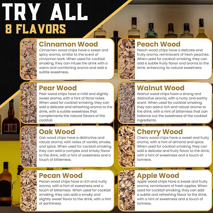 Wood Chips for Cocktail Smoker- 8-pk Fine Chunks/Shavings for Smoking Whiskey/Bourbon/Old Fashioned & Smoke Gun | Apple, Hickory/Pecan, Cinnamon, Oak, Peach, Pear, Cherry, Walnut