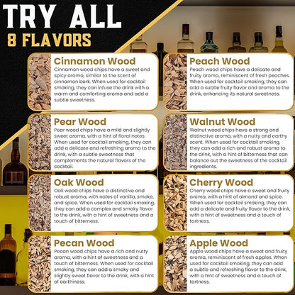 Wood Chips for Cocktail Smoker- 8-pk Fine Chunks/Shavings for Smoking Whiskey/Bourbon/Old Fashioned & Smoke Gun | Apple, Hickory/Pecan, Cinnamon, Oak, Peach, Pear, Cherry, Walnut