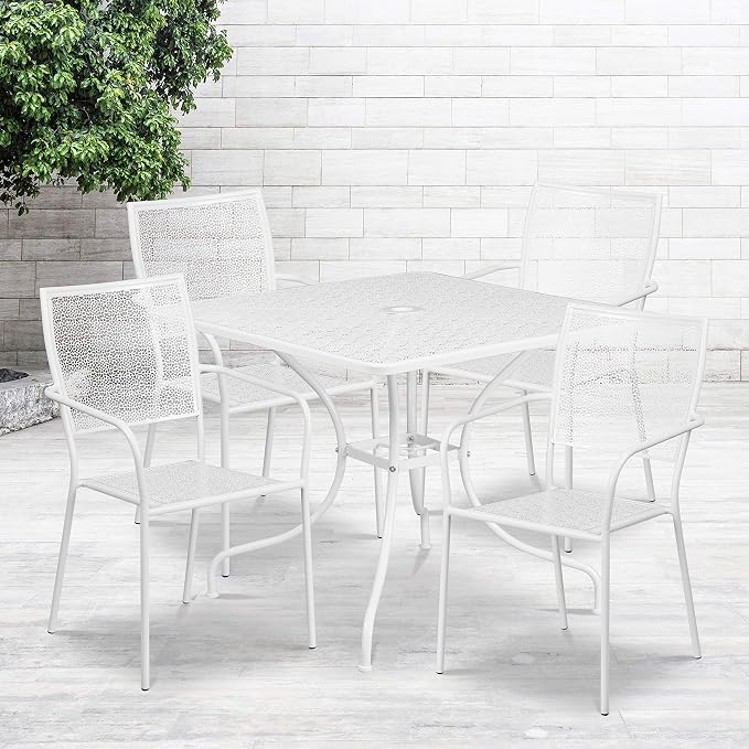 Flash Furniture Oia Commercial Grade 35.5" Square White Indoor-Outdoor Steel Patio Table Set with 4 Square Back Chairs