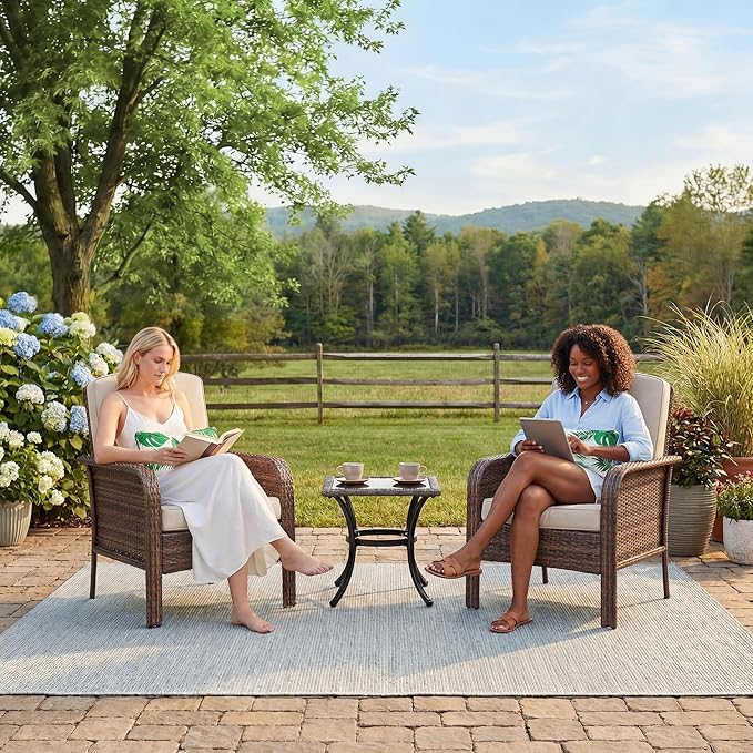 GarveeHome Outdoor Wicker Chairs Set of 2, All-Weather High Back Rattan Patio Furniture, 2-Piece Conversation Set with Comfy Cushions for Porch, Deck, Brown, Beige Cushion