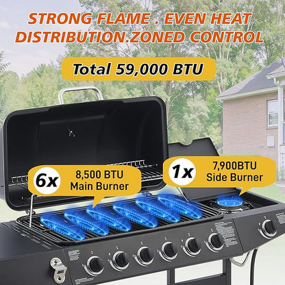 Outdoor Gas Grill with 6 Burners & Side Burner 59000 BTU Stainless Steel BBQ Grill Enamel-Coated Grates Side Tables for Backyard Patio Cooking Charcoal Grills & Smokers,A3