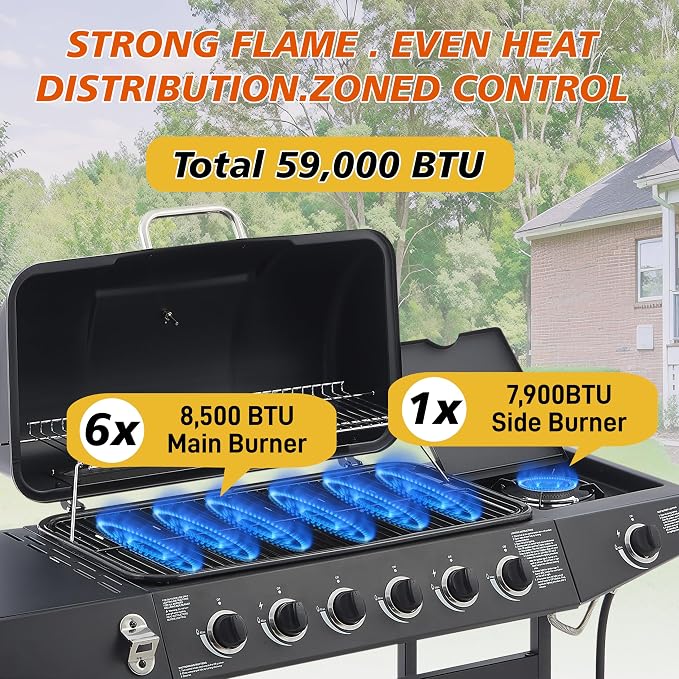 53" Stainless Steel Outdoor Kitchen BBQ Island Grill with LPG Black | 6 Burner 59000 BTU Enamel-Coated Grates and Side Tables for Outdoor Cooking Kitchen and Patio Backyard