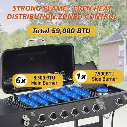 53" Stainless Steel Outdoor Kitchen BBQ Island Grill with LPG Black | 6 Burner 59000 BTU Enamel-Coated Grates and Side Tables for Outdoor Cooking Kitchen and Patio Backyard