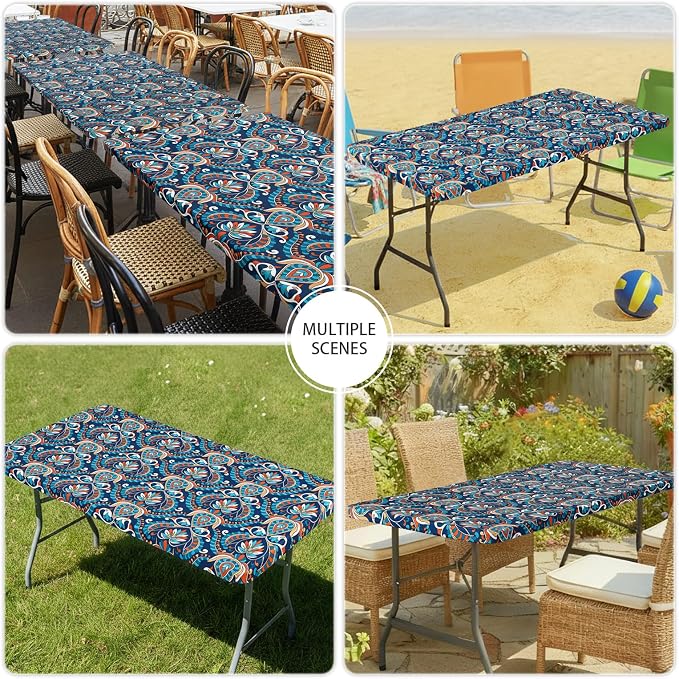 Smiry Spandex Fitted Tablecloth for 6 Foot Rectangle Tables, Washable Picnic Table Cover with Elastic, Stretch Reusable Table Cloth for Outdoor, Camping, Dining & Kitchen (Peacock Paisley, 30"x72")