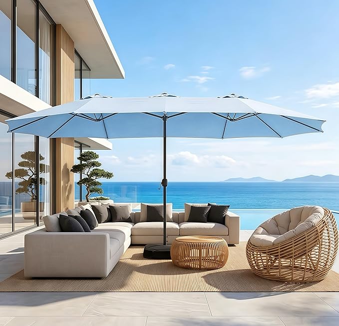 15ft Patio Umbrella with Base, 10-Year-No-Fade Large Outdoor Double-Sided Market Umbrella with UPF50+Terylene Polyester Fabric and Crank for Poolside Garden Deck Backyard Beach Pools