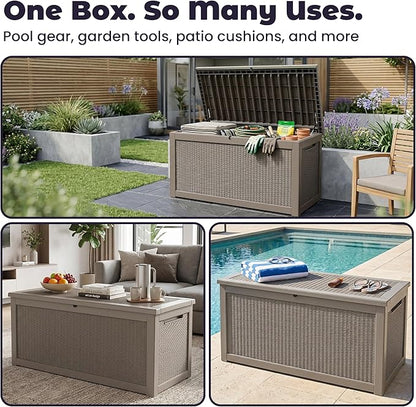 PatioZen 320 Gallon Deck Box, Outdoor Storage Box, Outdoor Storage Box for Cushions, Garden Tools, Furniture Storage,Waterproof, Lockable and Resin,Grey