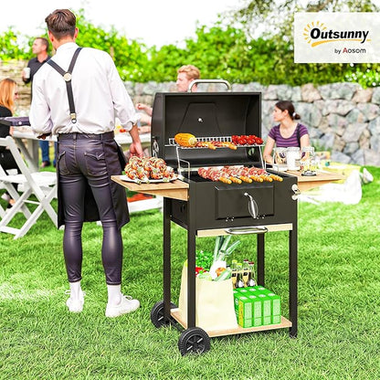 Outsunny Charcoal BBQ Grill with 245 sq. in. Cooking Area, Outdoor Barbecue Grill with Adjustable Charcoal Pan, Thermometer, 3 Shelves, Wheels for Patio, Picnic, Backyard, Party, Black