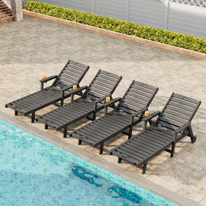 Garvee Lounge Chair Outdoor Set of 4 with Wheels & 5-Position Adjustable Backrest, Oversized Chaise Lounge with 2 Move Handle, HDPE Lounge Chair w/Detachable Cup Holder, for Patio, Pool,Dark Gray