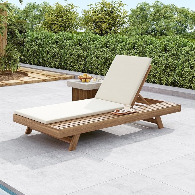 Christopher Knight Home Dami Patio Chaise Lounge Chair Outdoor with 2-Thick Cushion, Acacia Wood Poolside Sun Lounger, Space Available On One Side, Adjustable Backrest Pool Lounger, Light Brown+Cream