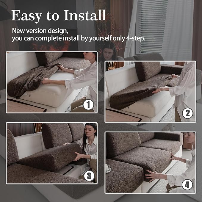 OHSIO Couch Cushion Covers for Sectional Sofa, Stretch Soft Sofa Slipcovers Washable Wear-Resistant Universal Furniture Protector for Living Room(1 Piece Chaise Cover, Brown)
