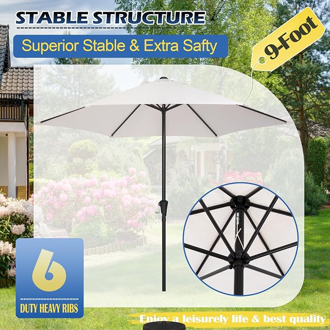 Sunnyglade 9FT Outdoor Patio Umbrella, Market & Table Umbrella with 6 Sturdy Ribs and Crank System, Fade-resistant & Waterproof for Garden Backyard Poolside Deck