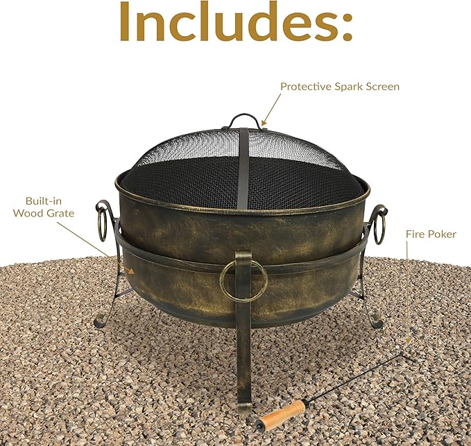 Sunnydaze 24-Inch Steel Small Fire Pit for Outside - Wood-Burning Fire Pit Bowl for Outdoors with Spark Screen, Log Poker, and Grate