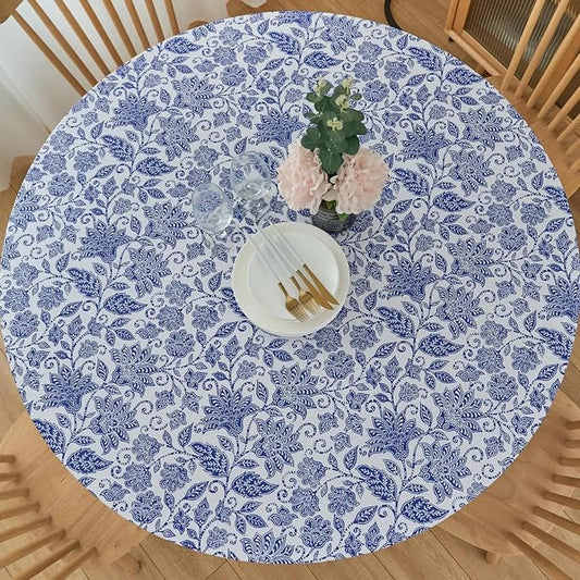 LIBERECOO Round Vinyl Fitted Tablecloth with Flannel Backing Elastic Edge Table Cover Waterproof Stain-Resistant Wipeable Tablecloths Fits 40-44 Inch Round Tables