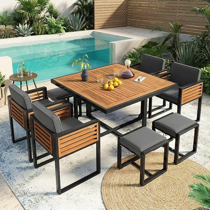 Merax 9-Piece Patio Dining Set for 8 People, Acacia Wood Outdoor Furniture Sets with 1 Square Table, 4 Cushioned Chairs and 4 Ottomans for Backyard, Garden, Lawn, Poolside, Space Saving Design, Gray