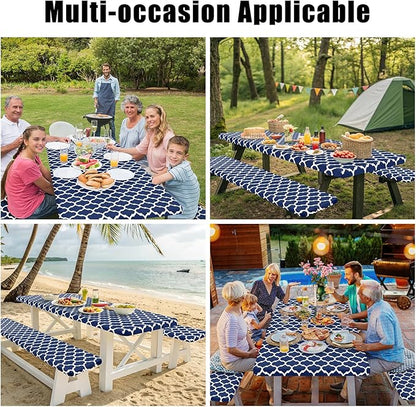 Smiry Picnic Table Cover with Bench Covers, Waterproof Elastic Fitted Tablecloth for 5 Foot Tables, Washable Polyester Tablecloths for Camping, Indoor & Outdoor (Navy, 30x60 Inch 3-pc Set)