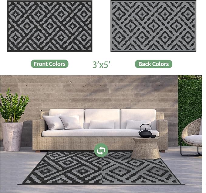GENIMO Outdoor Rug 3'x5' Waterproof for Porch, Plastic Door Mat Black Grey | Outside Modern Carpet for Patio Decor, Balcony, Deck, Backyard, Picnic, Camping, RV, Reversible, Foldable, Lightweight