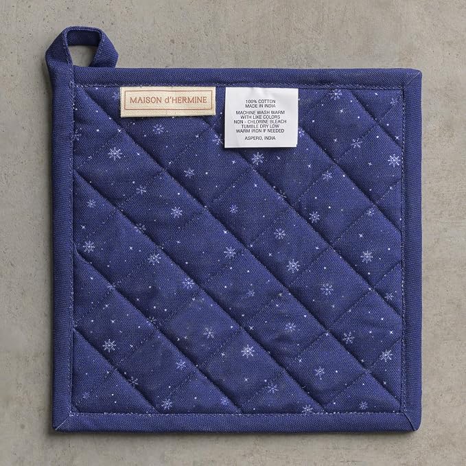 Maison d' Hermine Pot Holders 100% Cotton Potholders (8" x 8", Pack of 2) | Heat Resistant Hot Pads with Loop BBQ Cooking Kitchen Handling Hot Pans Thanksgiving Christmas - Christmas Market - Blue