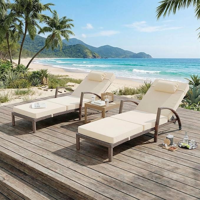 Outdoor Lounge Chairs Set of 2, Pool Lounge Chairs for Outside Patio Furniture, Outdoor PE Rattan Wicker Patio Chaise with 5-Positions Adjustable for Poolside, Deck,Beige