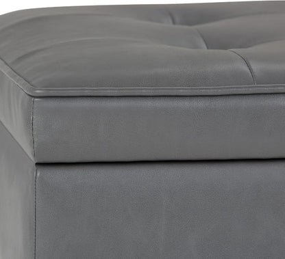 SIMPLIHOME Cosmopolitan Storage Ottoman Bench - 44 inch Wide Upholstered Vegan Leather Rectangle Storage Ottoman in Stone Grey, Transitional Bench for Bedroom with Tufted Lift-Top and Open Shelf