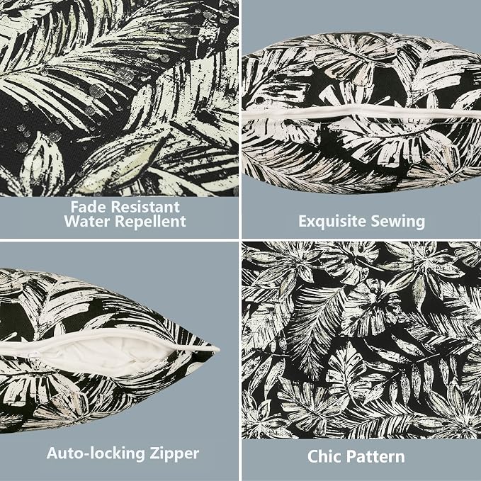LVTXIII 2 Pack Outdoor Lumbar Pillow Covers 12x20 Inch with Piping, Water-Repellent Back Cushion Covers ONLY for Patio Furniture, Sofa, Garden Bench, Tropical Leaf Black
