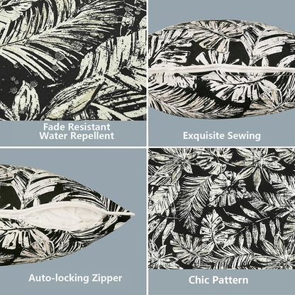 LVTXIII 2 Pack Outdoor Lumbar Pillow Covers 12x20 Inch with Piping, Water-Repellent Back Cushion Covers ONLY for Patio Furniture, Sofa, Garden Bench, Tropical Leaf Black