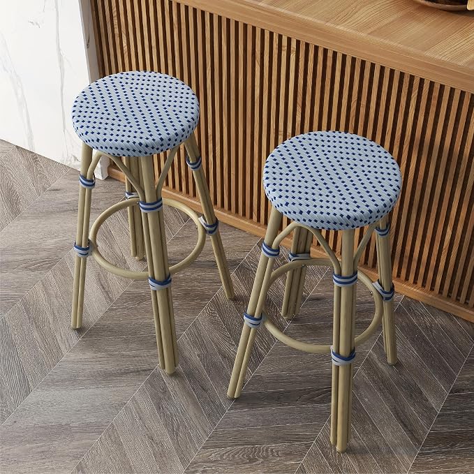 Seadrift Boho 30-inch Aluminum and All-Weather Wicker Barstools with Footrest, Patio Stools & Bar Chairs for Outdoor, Kitchen Counter, Poolside, Yard, Set of 2, Gray and Navy Blue