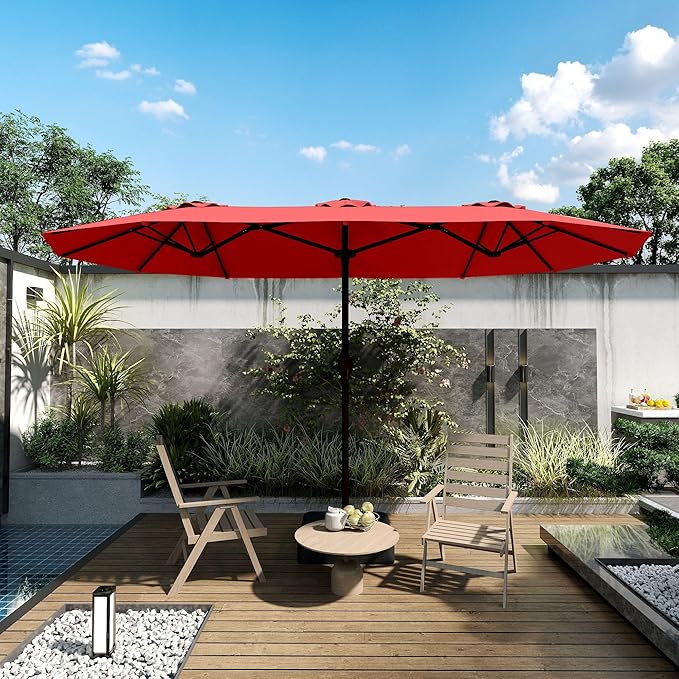 Kingdura 13ft Large Patio Umbrella with Base Included, Double-Sided Rectangle Outdoor Table Umbrella with 12 Reinforced Ribs, Crank Lift for Market Pool Deck Backyard, Red