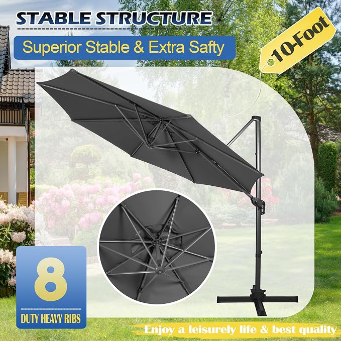 Sunnyglade 10Ft Cantilever Patio Umbrella, 360° Rotation & Integrated Tilting System Offset Umbrella with 8 Sturdy Ribs, Fade-resistant & Waterproof for Garden Backyard Poolside Deck