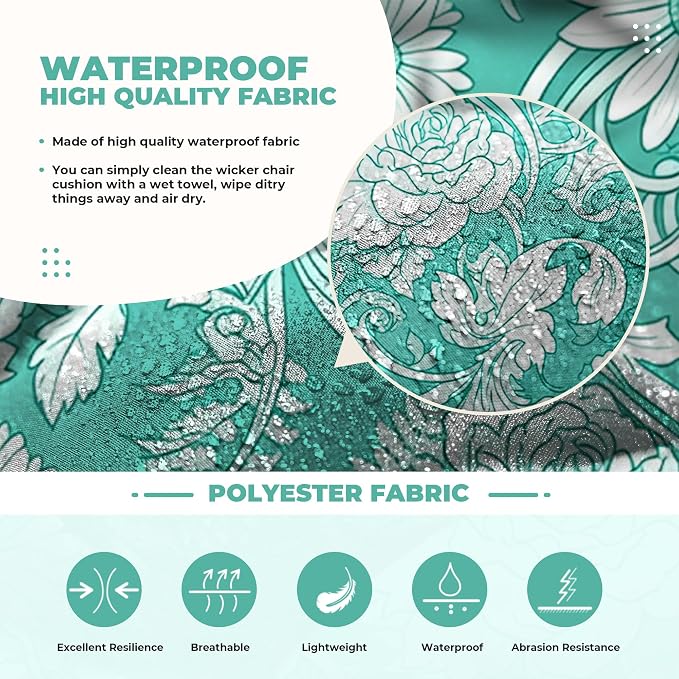DANGHOOGY Wicker Chair Cushions, Waterproof Outdoor Loveseat Cushions for Patio Furniture, Tufted Wicker Furniture Cushions, 1 Loveseat and 2 U-Shaped Cushions (Cyan Rose)