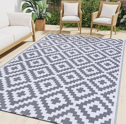 Smiry Outdoor Rug 9x12 ft Waterproof Reversible Boho Mat, White & Grey | Polypropylene Plastic Straw, Quick Drying, Lightweight Foldable, for Patio, Deck, RV Camping, Backyard and Indoor Outdoor Use