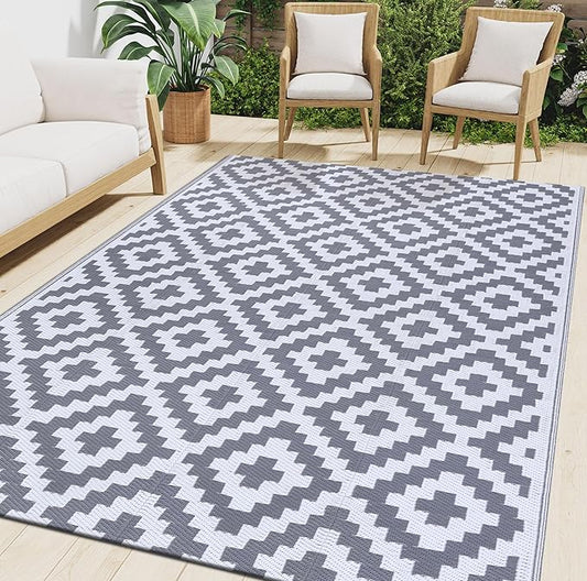 Smiry Outdoor Rug 9x12 ft Waterproof Reversible Boho Mat, White & Grey | Polypropylene Plastic Straw, Quick Drying, Lightweight Foldable, for Patio, Deck, RV Camping, Backyard and Indoor Outdoor Use