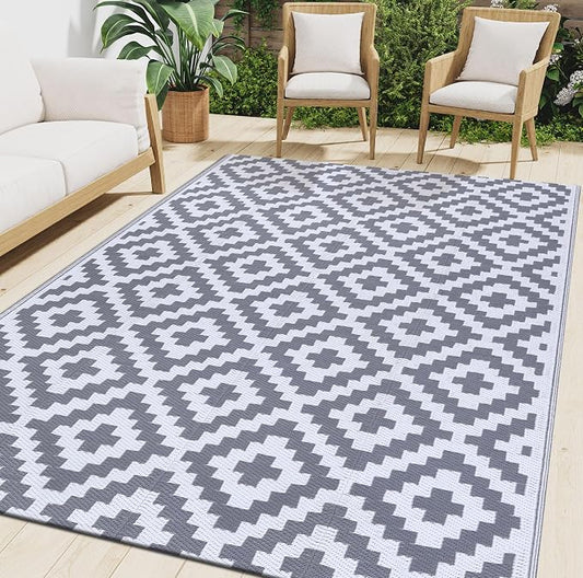Smiry Outdoor Rug 8x10 ft Waterproof Reversible Boho Mat, White & Grey | Polypropylene Plastic Straw, Quick Drying, Lightweight Foldable, for Patio, Deck, RV Camping, Backyard and Indoor Outdoor Use