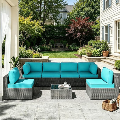MOCHITO 7 Pieces Outdoor Patio Furniture Sets, All-Weather Sectional Sofa Grey PE Rattan Wicker Conversation Set with Glass Table and Washable Turkish Blue Cushions for Backyard,Sunroom,Garden,Porch