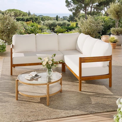 VilroCaz Outdoor Patio Furniture Set, L-Shaped Acacia Wood Sectional Sofa with 6 Soft Seat Cushions and Backpack, All-Weather Conversation Set with Arc Frame for Garden Backyard Porch (White-3.19)