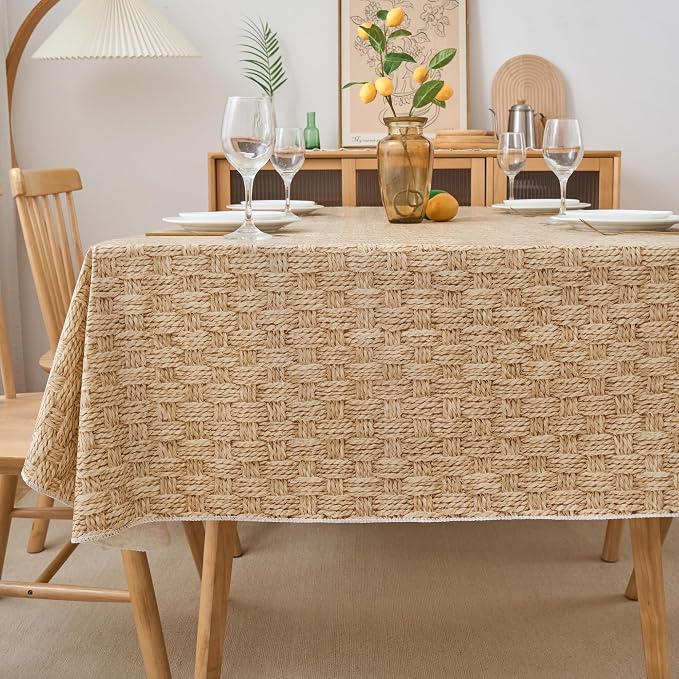 NLMUVW Vinyl Tablecloth with Flannel Backing Square, 100% Waterproof PVC Table Cloth Wipe Clean Table Cover for Dining Party Camping Outdoor, Wood Check, 54 X 54 Inch