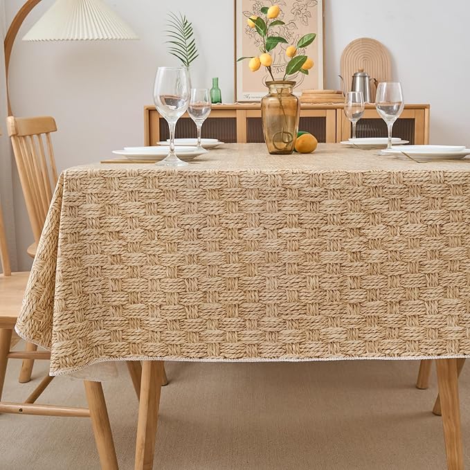 NLMUVW Vinyl Tablecloth with Flannel Backing Rectangle, 100% Waterproof PVC Table Cloth Wipe Clean Table Cover for Dining Party Camping Outdoor, Wood Check, 60 X 84 Inch