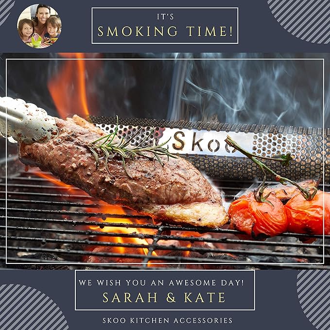 Skoo Pellet Smoker - BBQ Hexagonal Smoking Tube + Brush + Hook + Free EBook + Digital User Guide - 5 Hours of Billowing Smoke - For Electric, Gas, Charcoal Grills or Smokers